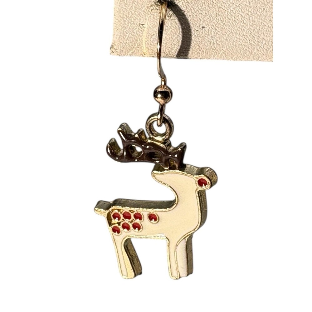 Vintage Gold Tone Enamel Holiday Winter Reindeer Pierced Dangle Earrings‎ - Picture 4 of 4